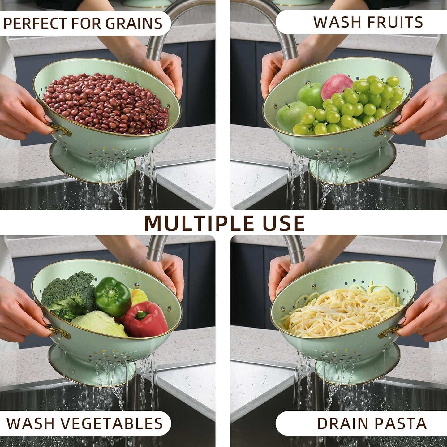 Metal Colander Set of 3, Strainer Basket with Handles perfect for Spaghetti, Pasta, Berry, Vegetable, Fruit, Solid Base Powder Coated Kitchen Essential Strainer Set, 1 & 3.5 & 5 Qt (Green)
