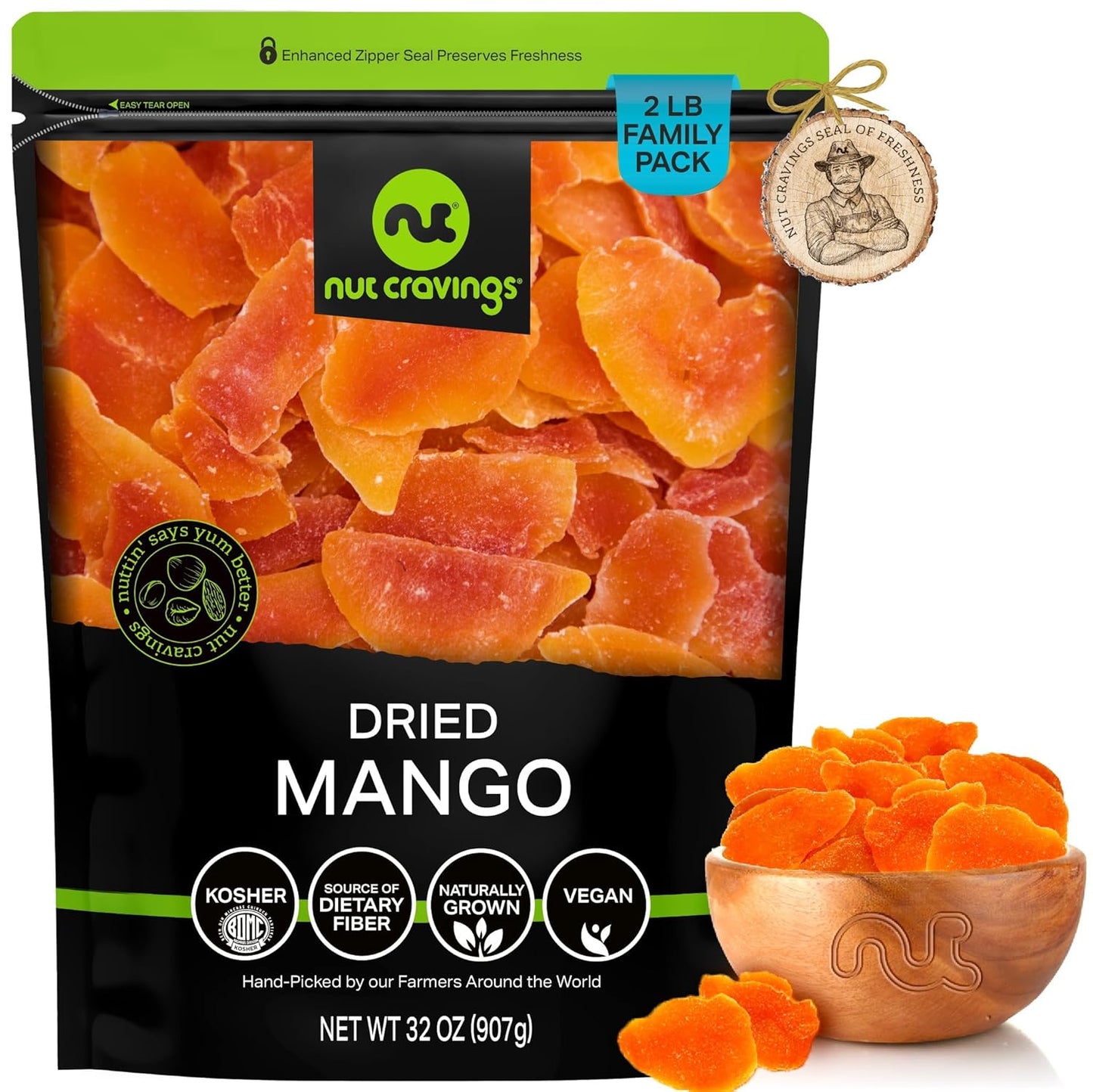 NUT CRAVINGS - Sun Dried Mango Slices, Lightly Sweetened (32oz, 2 LB) Bulk Dry Fruits Packed Fresh in Resealable Bag - Sweet Healthy Snack, Naturally Grown, Vegan, Kosher