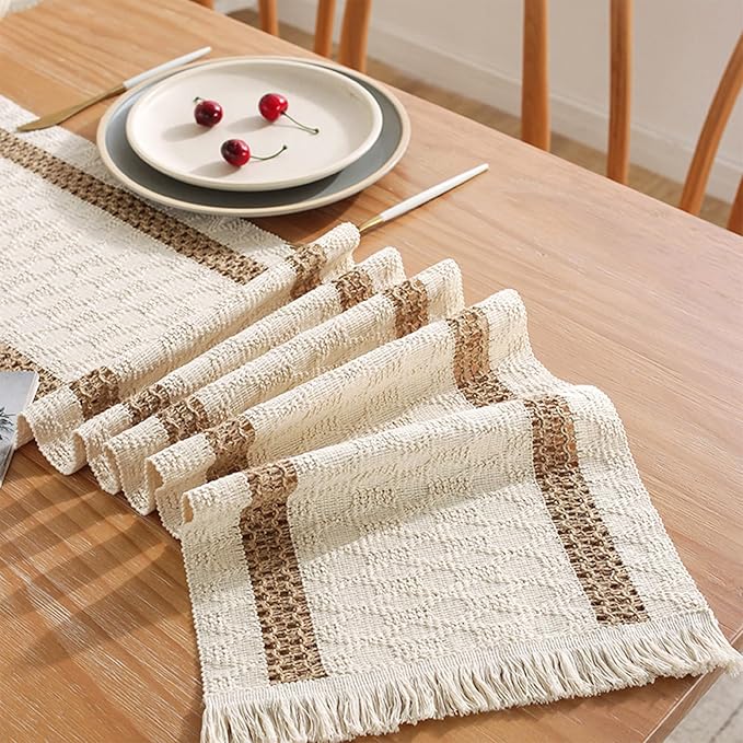 Niviy Boho Table Runner 90 Inches Long Farmhouse Macrame Table Runner Cotton Linen Woven Table Runners for Spring Dining Table Home Baby Bridal Shower Decor , Beige & Brown