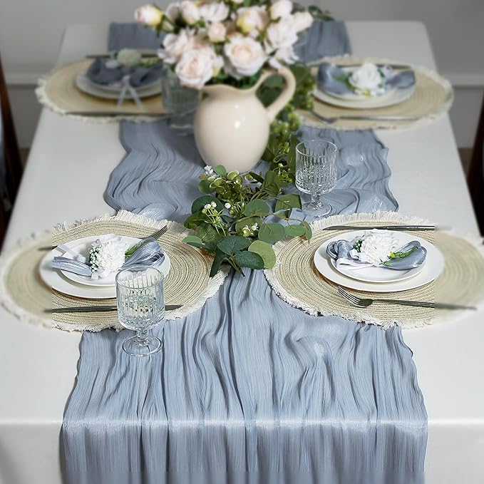 Leetaltree Dazzle Table Runner-Luxury Scarf Table Runner 120 Inch 10FT - Liquid Silk Shine, Elegant Gift Set with Card for Wedding, Christmas, Baby Shower,Holiday & Home Decor (Grayish Blue, 1 Pack)