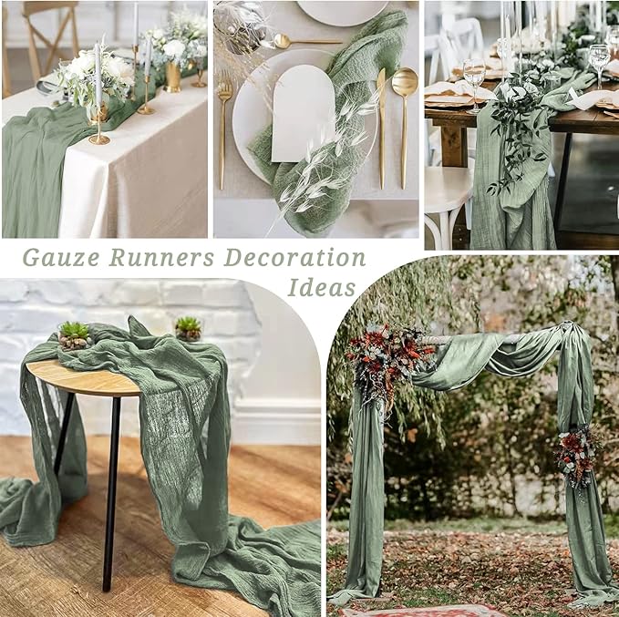 12 Pack 10Ft Sage Green Cheesecloth Table Runner 35 x 120 inch Boho Gauze Cheese Cloth Table Runner Vintage Rustic Sheer Runners for Wedding Bridal Shower Birthday Party Cake Table Decorations