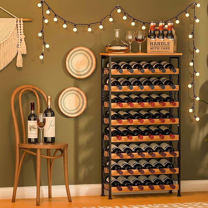 Sonyabecca 48 Bottles Wine Rack Freestanding Floor with Wood Top, 8 Tier Wine Bottle Holder, Wine Storage for Kitchen Pantry, Tall Wine Bar Stand Shelf Display 25.2''L X 10.7''W X 47.2''H