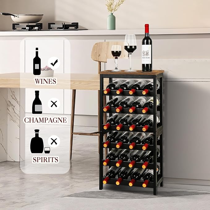VASMIA Wine Rack Freestanding Floor, 6 Tier Bamboo Wine Storage Shelves with Table Top, 24-Botttle Wine Rack Shelf for Kitchen Bar Dining Room Living Room, Rustic Brown and Black