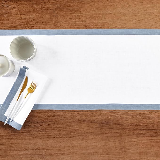 Solino Home Linen Table Runner 60 Inches - 100% Pure Linen Chambray Blue and White Small Table Runner 14 x 60 Inch Ideal for Dresser and Coffee Tables, Christmas, New Year - Classic