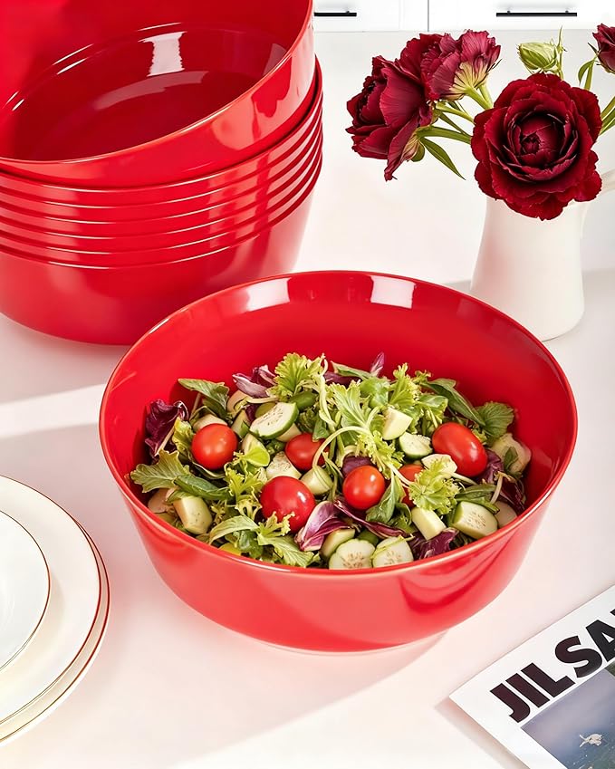 Hioasis 8 Pack Plastic Serving Bowls 128oz Red Plastic Bowls Heavy Duty Disposable Serving Bowls for Party Snack & Salad & Candy & Bar Buffet & Pool Party