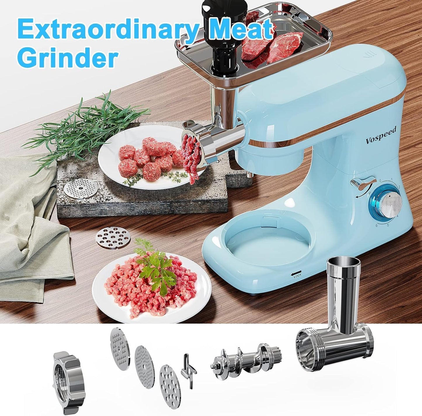 Vospeed 9 IN 1 Stand Mixer, 850W Tilt-Head Multifunctional Electric Mixer with 8 QT Stainless Steel Bowl, 1.5L Glass Jar, Meat Grinder, Hook, Whisk, Beater Dishwasher Safe (Blue)