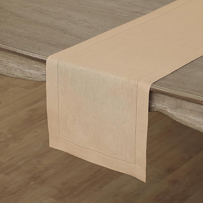 Solino Home Linen Beige Table Runner 108 Inches Long - 100% Pure Linen 14 x 108 Inch Table Runner for Christmas, New Year - Classic Hemstitch
