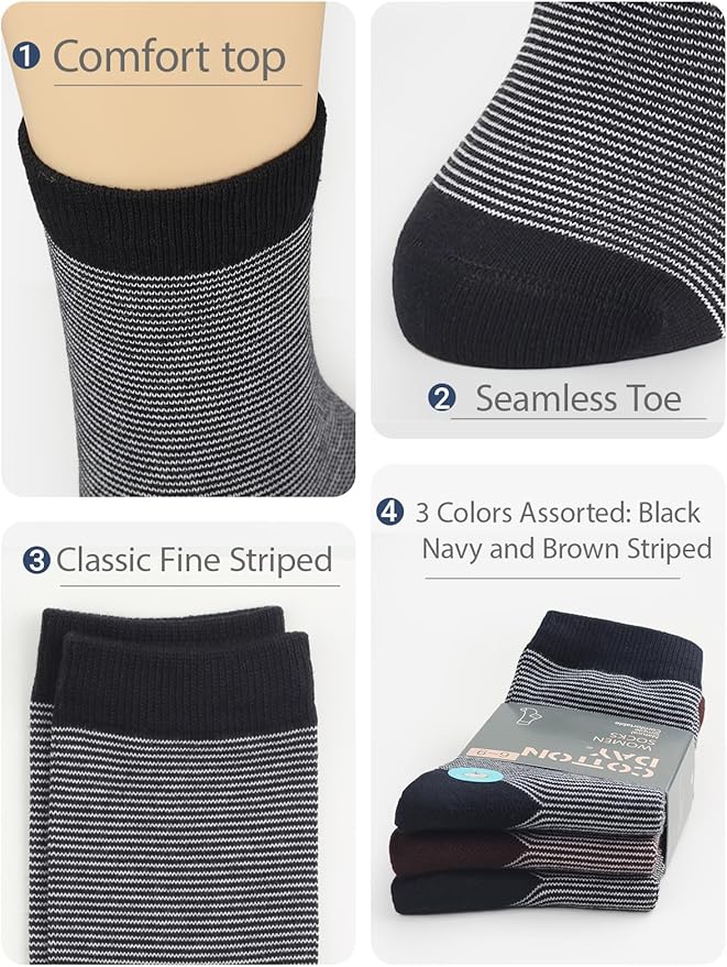 COTTON DAY Women's Soft Combed Cotton Dress Socks Seamless Toe Black White Gray Navy Blue Brown Beige