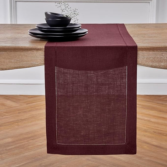 Solino Home Linen Burgundy Table Runner 72 Inches Long - 100% Pure Linen Hemstitch Table Runner 14 x 72 Inch for Dresser, Dining, Winter, Christmas, New Year - Classic Hemstitch