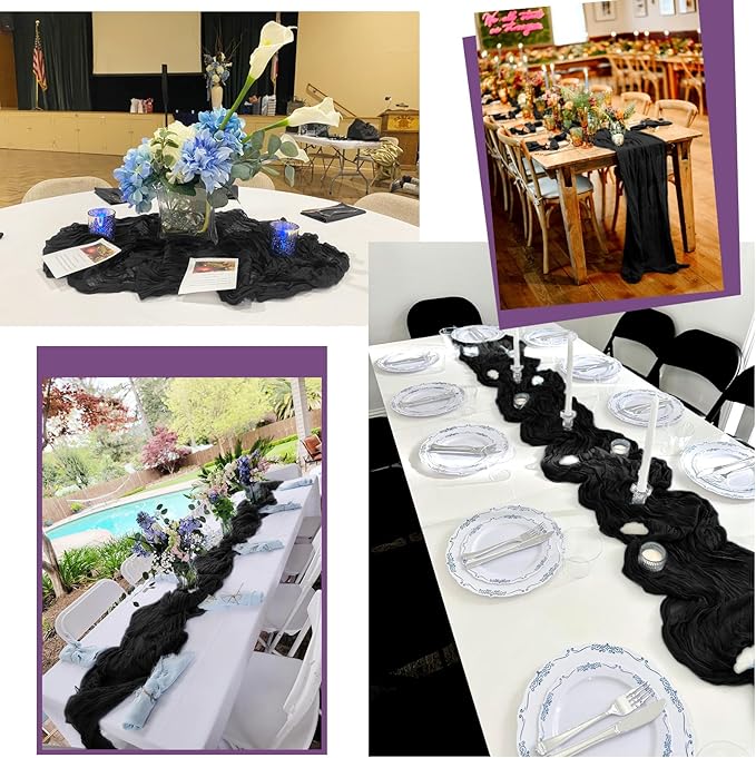 12 Pack Black Table Runner 10Ft Cheesecloth Table Runner Rustic Gauze Table Runners Romantic Long Sheer Fabric Cheese Cloth Table Runners for Wedding Party Bridal Baby Shower