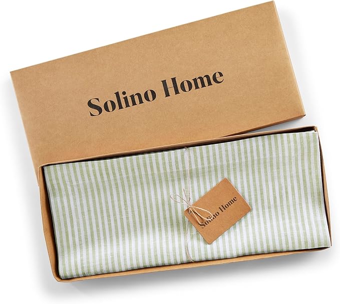 Solino Home Linen Table Runner 36 Inches - Narrow Stripe 100% Pure Linen Avocado and White Table Runner 14 x 36 Inch Ideal for Dresser and Coffee Tables - Winter, Christmas, New Year