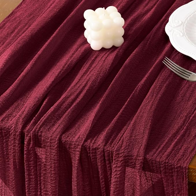Socomi Burgundy Gauze Cheesecloth Table Runner 120 Inch Rustic Boho Cheese Cloth Runner for Wedding Party Baby Bridal Shower Centerpiece Decoration Holiday Home Decorations