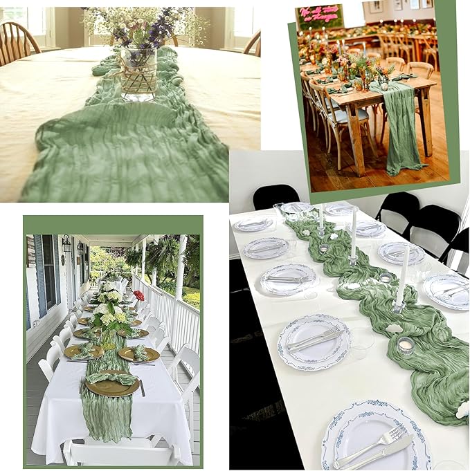 24 Pack Sage Green Table Runner 10Ft Cheesecloth Table Runner Rustic Gauze Table Runners Romantic Long Sage Sheer Fabric Cheese Cloth Table Runners for Wedding Party Bridal Baby Shower