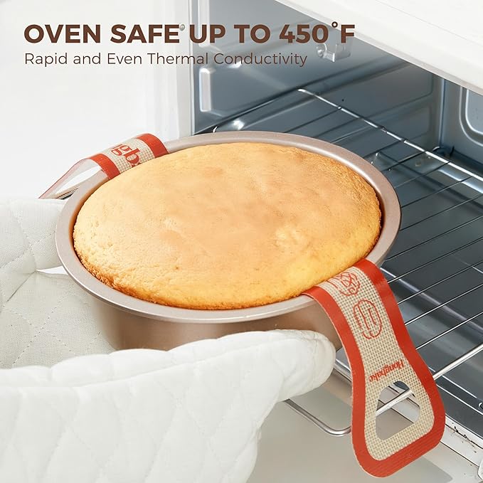 HONGBAKE 8 Inch Round Cake Pan Set for Baking with 2 Pcs Silicone Baking Sling Mats, Nonstick Circle Cake Pans Set of 2, 2.5" Deeper Layer Cake Tin for Oven, Cheesecake Mold, Huty Duty, Golden