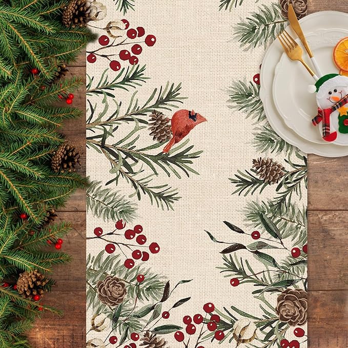 Seliem Winter Pine Needle Branches Table Runner, Pine Cone Cardinal Red Birds Berry Farmhouse Kitchen Dining Table Decor, Christmas Holiday Home Decoration Indoor Outdoor Party Supply 13 x 48 Inches