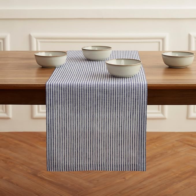 Solino Home Linen Striped Table Runner 60 Inches - Narrow Stripe, 100% Pure Linen Navy and White Small Table Runner 14 x 60 Inch Ideal for Dresser and Coffee Tables - Christmas, New Year