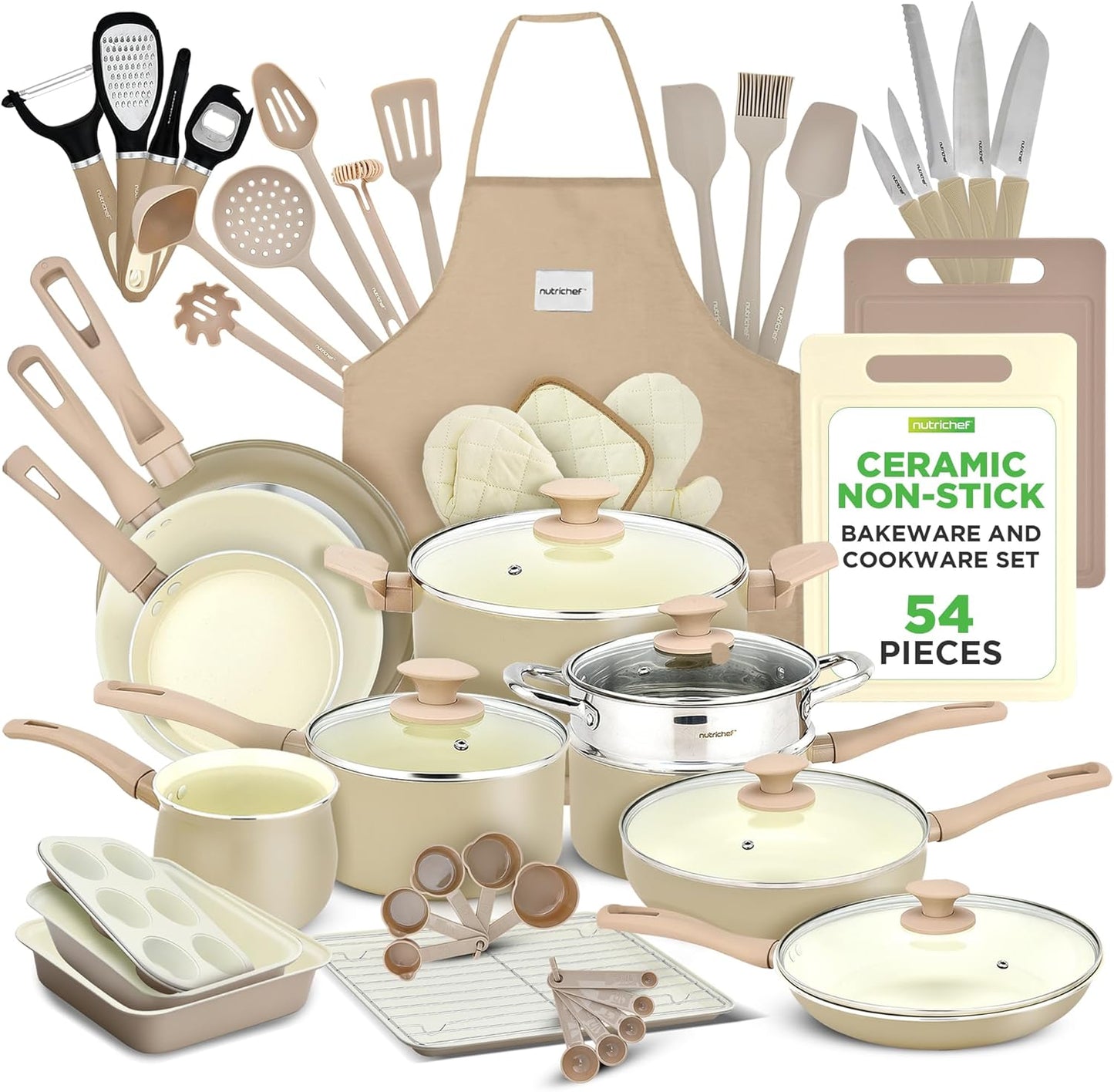 Nutrichef 54-Piece Marble Non-Stick Cookware and Bakeware Set, Professional Home Kitchen Collection with Multi-Sized Pots, Pans, and Heat-Resistant Tools