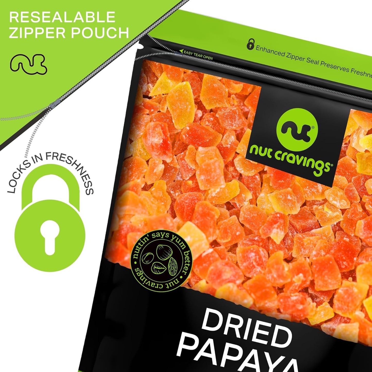NUT CRAVINGS - Sun Dried Papaya Chunks, Lightly Sweetened (32oz, 2 LB) Bulk Dry Fruits Packed Fresh in Resealable Bag - Sweet Healthy Snack, Naturally Grown, Vegan, Kosher