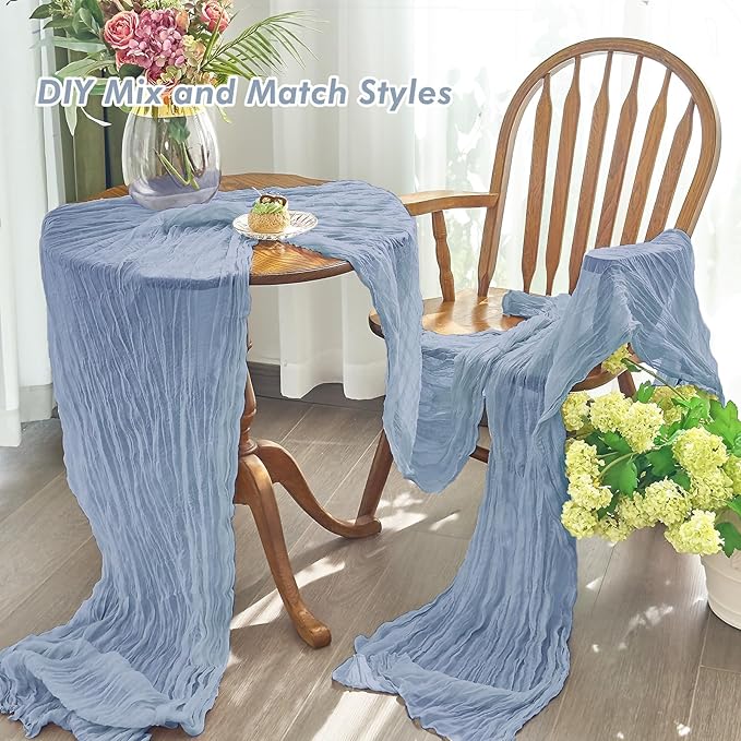 IVAPUPU 4 Pcs Cheesecloth Table Runner - 10ft Dusty Blue Boho Gauze Cheese Cloth Table Runners for Baby Shower Decoration Wedding Party Summer Garden Farmhouse