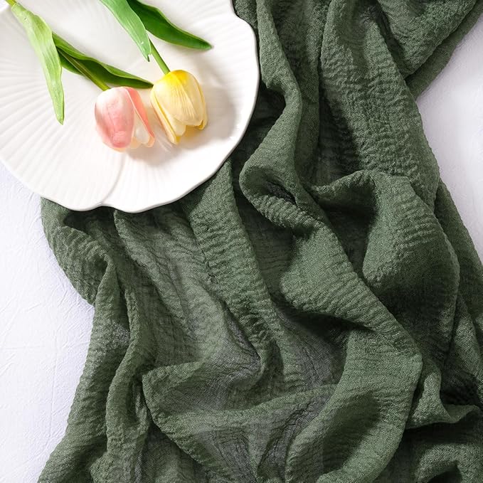 Socomi Green Cheesecloth Table Runner Olive Fall Thanksgiving Gauze 120 Inch Rustic Boho Cheese Cloth Runner for Wedding Party Baby Bridal Shower Centerpiece Decoration Holiday Home Decorations