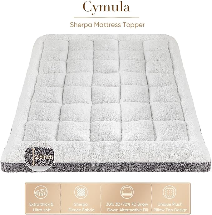 Cymula Mattress Topper Queen Size for Back Pain Extra Thick Sherpa Mattress Pad Bed Soft Pillow Top Mattress Cover with 900GSM Fluffy Down Alternative, 8-21" Deep Pocket, White