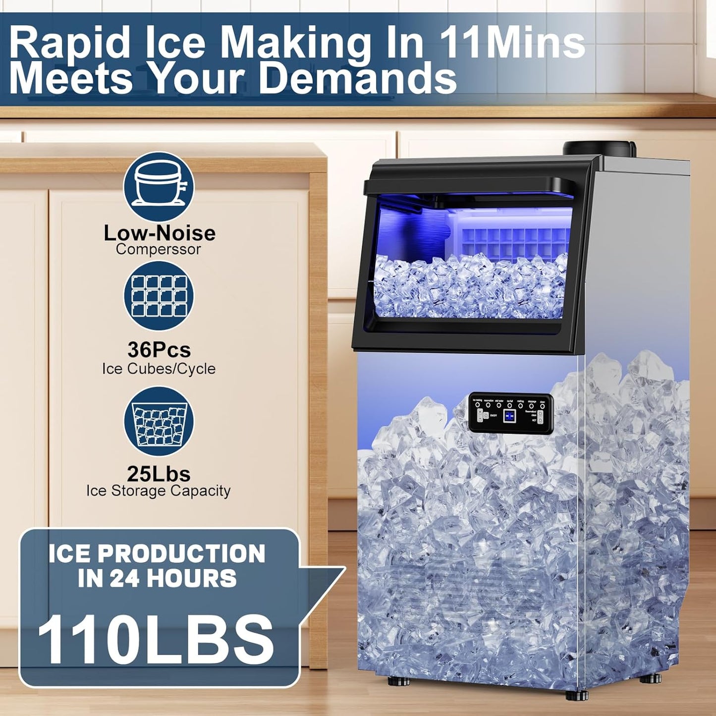 Commercial Ice Maker Machine 110Lbs/24H with 2 Water Inlet Modes, 36Pcs Ice Cubes in 8-15 Mins, Stainless Steel Under Counter/Freestanding Ice Machine with 25Lbs Storage Bin for Home/Shop/Office/Bar