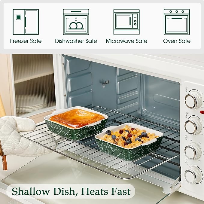 NUTRIUPS 13oz 5.9x5.9in Square Ceramic Baking Dish Set, 2-Pack Small Oven-Safe Baking Pan for Lasagna, Casserole - Bakeware for Baking & Serving (Green)