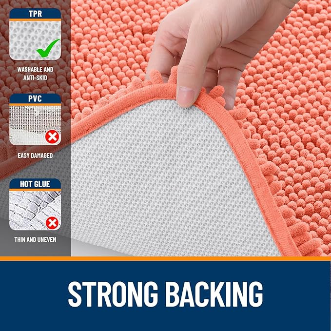 OLANLY Bathroom Rugs 47x20, Extra Soft Absorbent Chenille Bath Rugs, Rubber Backing Quick Dry, Machine Washable Bath Mats for Bathroom Floor, Tub and Shower, Home Decor Accessories, Coral