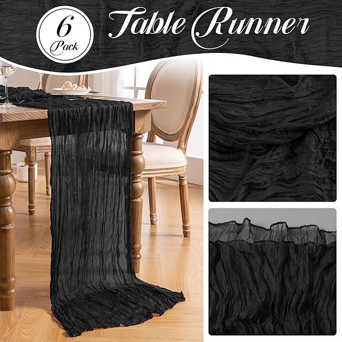 Leetaltree 6 Pack Black Cheesecloth Table Runner, 35x120 Inch Boho Rustic Cheese Cloth Table Runner, Decorative Table Runners for Bridal Baby Shower Decorations or Wedding Table Decorations