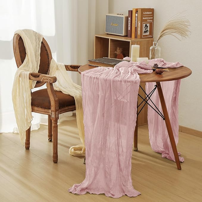 Leetaltree 6 Pack Dusty Pink Cheesecloth Table Runner, 35x120 Inch Boho Rustic Cheese Cloth Table Runner, Decorative Table Runners for Bridal Baby Shower Decorations or Wedding Table Decorations