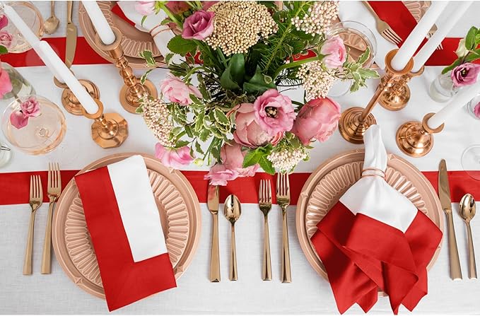 Solino Home Linen Table Runner 48 Inches - 100% Pure Linen Red and White Small Table Runner 14 x 48 Inch Ideal for Dresser and Coffee Tables - Contempo - Christmas, Holiday, Winter, New Year