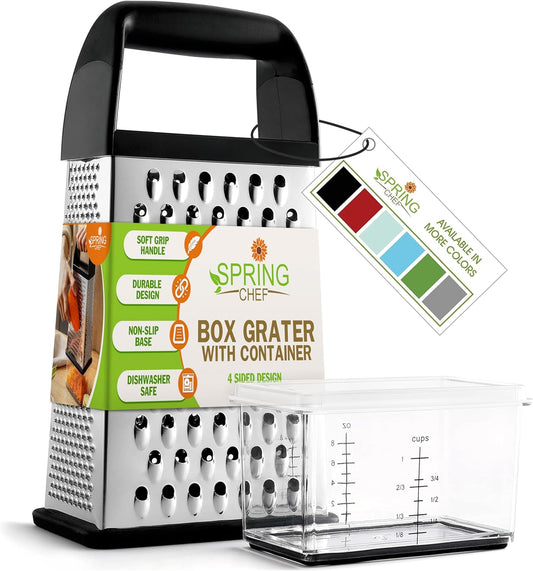 Spring Chef Professional 10" Parmesan Cheese Grater With Container, Stainless Steel & Soft Grip Handle, 4 Sided Kitchen Cheese Shredder, Handheld Box Grater for Vegetables, Potato, Carrot - Black