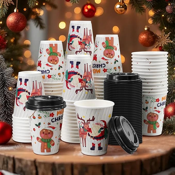 Christmas 100 Pack Coffee Cups with Lids 12oz, Disposable Insulated Ripple Wall To Go Paper Coffee Cups for Hot/Cold Drinks Office Home Shop Event