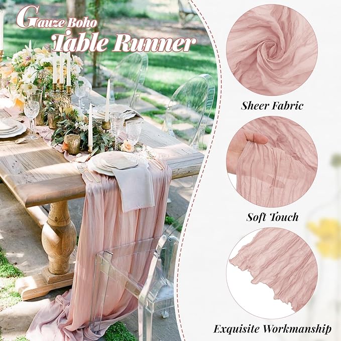 Aktor 6 Pack Dusty Pink Cheesecloth Table Runner 10Ft Gauze Table Runner Boho Semi Sheer Cheese Cloth Fabric Runners for Wedding Birthday Baby Shower Party Table Decoration（Dusty Pink）