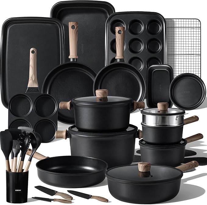 CAROTE 44pcs Nonstick Kitchen Cookware Sets, Nonstick Pots and Pans, Induction Cookware Set Kitchen Cooking Sets, Non Stick w/Frying Pan,Black
