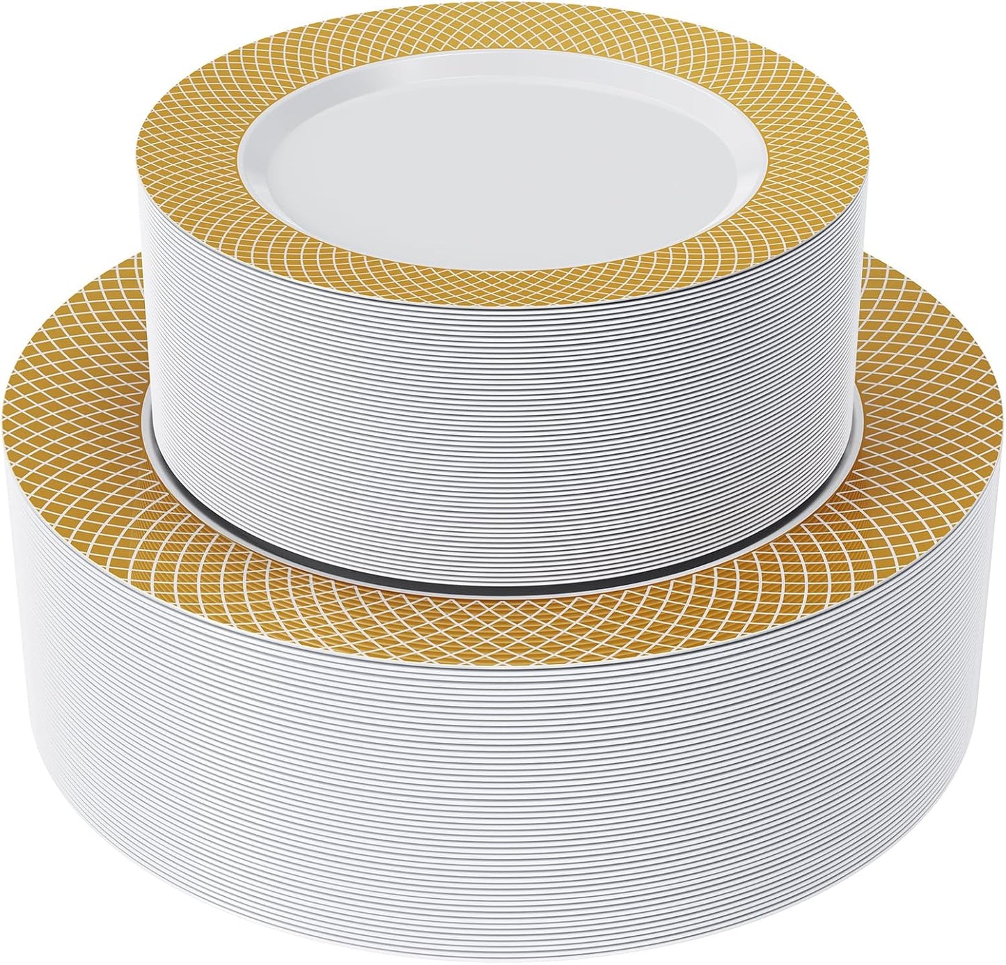 FOCUSLINE Gold Plastic Plates Set of 102, Disposable Plates with Gold Grid Rim 51 Dinner Plates 10" and 51 Salad Dessert Appetizer Plates 7", Elegant Fancy Heavy Duty Wedding Party Plates