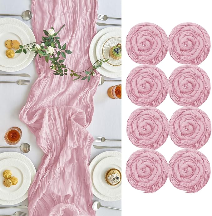 IVAPUPU 8 Pcs Cheesecloth Table Runner - 10ft Pink Boho Gauze Cheese Cloth Table Runners for Baby Shower Decoration Wedding Party Summer Garden Farmhouse