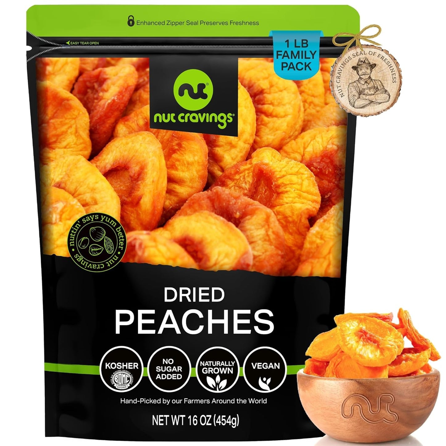 NUT CRAVINGS - Sun Dried California Peaches, No Sugar Added (16oz, 1 LB) Bulk Dry Fruits Packed Fresh in Resealable Bag - Sweet Healthy Snack, Naturally Grown, Vegan, Kosher