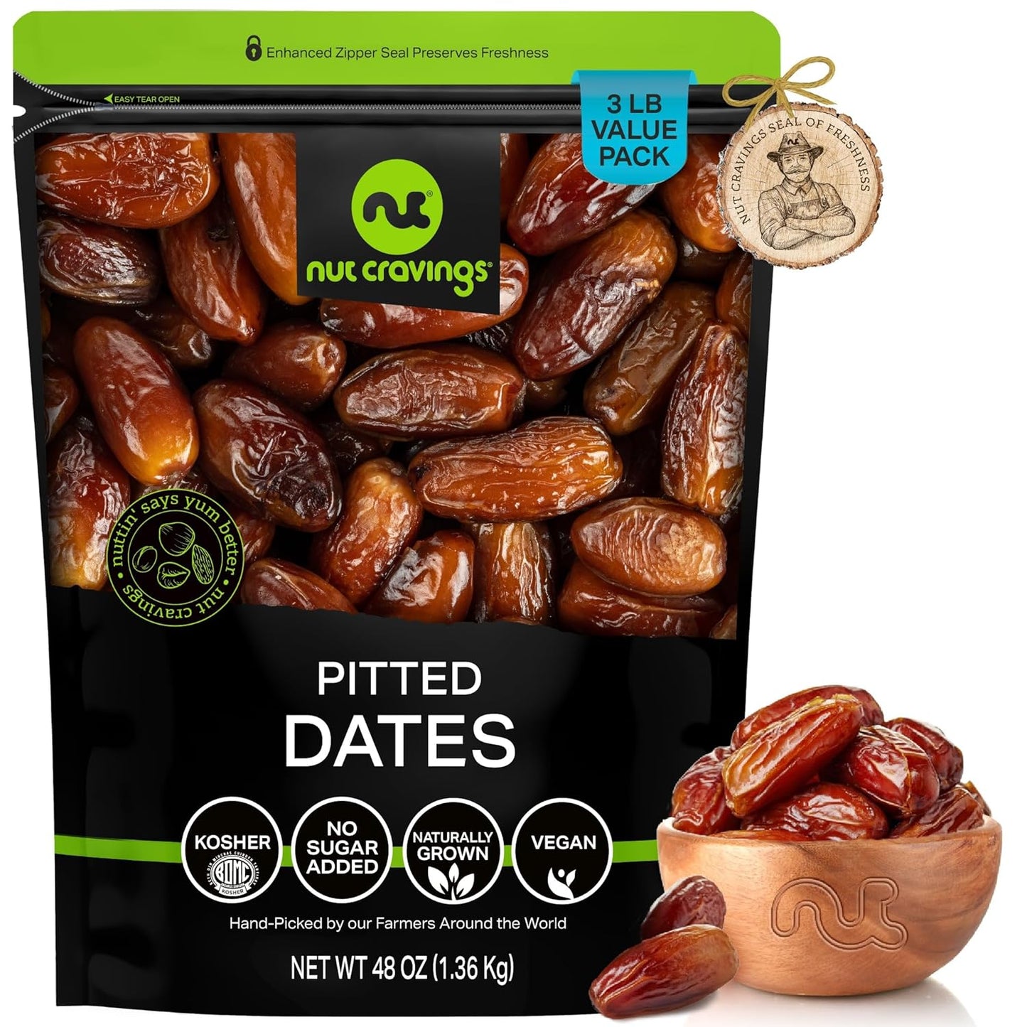 NUT CRAVINGS - Sun Dried Deglet Noor Dates Pitted, No Sugar Added (48oz, 3 Lbs) Bulk Dry Fruits Packed Fresh in Resealable Bag - Sweet Healthy Snack, Naturally Grown, Vegan, Kosher