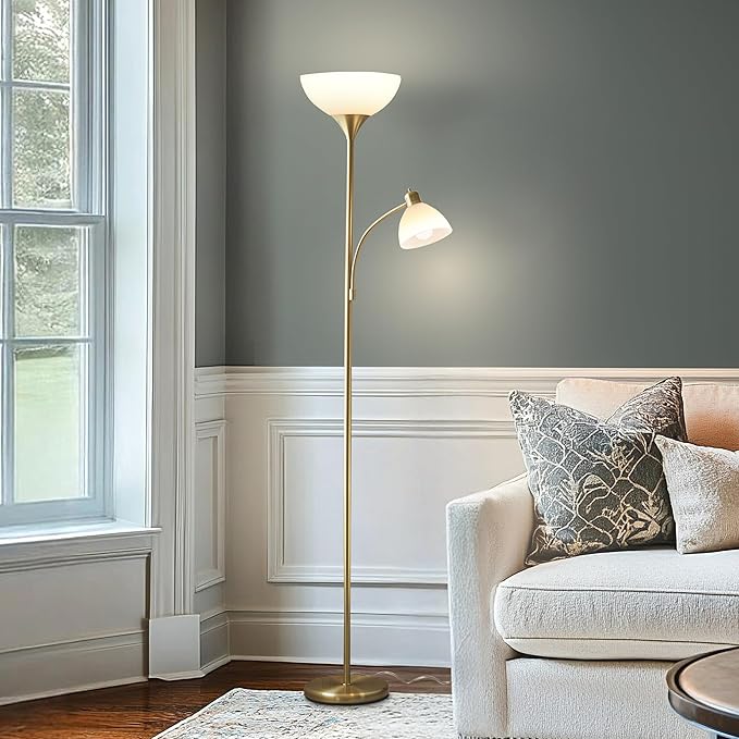 Brightech Sky Dome Plus LED Floor lamp, Torchiere Super Bright Floor Lamp with Reading Lamp for Living Rooms & Offices - Dimmable Tall Standing Lamp for Bedroom Reading - Gold Brass