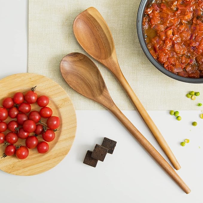 2PCS Acacia Wooden Spoons For Cooking-14 Inch Smooth Finish Cooking Spoons-Comfortable Grip Wood Spoons for Cooking - Non-Stick Cooking Utensils (Spoon + Corner spoon)