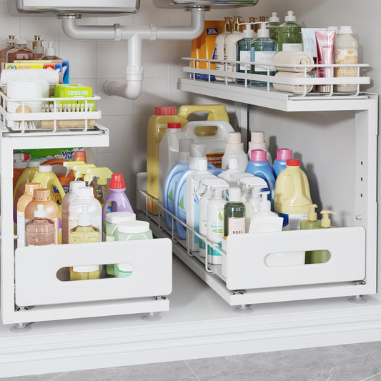 2 Pack 21 IN Depth Pull Out Cabinet Storage With Smooth Rails,2-Tier Dual Pull Out Cabinet Storage For Bathroom Kitchen,Under Sink Shelf-White