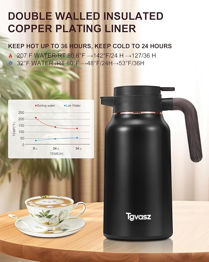 2 PCS Thermal Coffee Carafe 70 oz - 36 Hour Stainless Steel Carafes for Hot Liquids-Insulated Coffee Carafes For Keeping Hot/Cold Coffee, Tea, (Black+Silver)