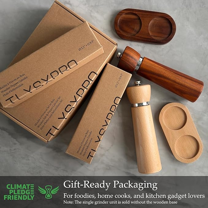 Wooden Salt and Pepper Grinder Set – Refillable Salt and Pepper Mill with Adjustable Upgraded Large Size Ceramic Burr – Manual Pepper Grinder with Acacia Wood Body – 8.3” Tall