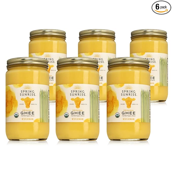 Spring Sunrise Grass Fed Organic Ghee - USDA Certified Clarified Butter - Keto & Paleo Friendly, Non-GMO, Gluten & Casein Free Cooking Oil - Sustainably Sourced - 32 oz Jar, 6 pack