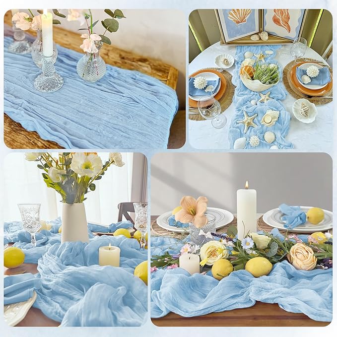 12 Pack Baby Blue Cheesecloth Table Runner 17x108 Inch Semi Sheer Boho Gauze Cheese Cloth Fabric Table Runners, for Wedding Party Baby Shower Birthday Home Decor Garden Farmhouse