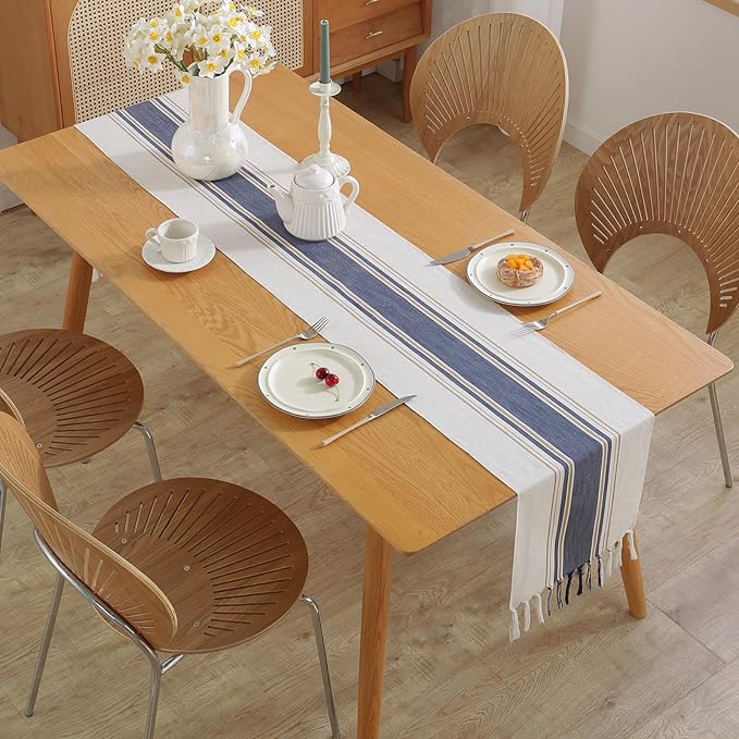 Niviy Blue Table Runner 60 Inches Long with Tassels, Seasonal Summer Washable Embroidered Striped Braided Blue and White Boho Table Runners for Holiday Party 12 x 60 Inches