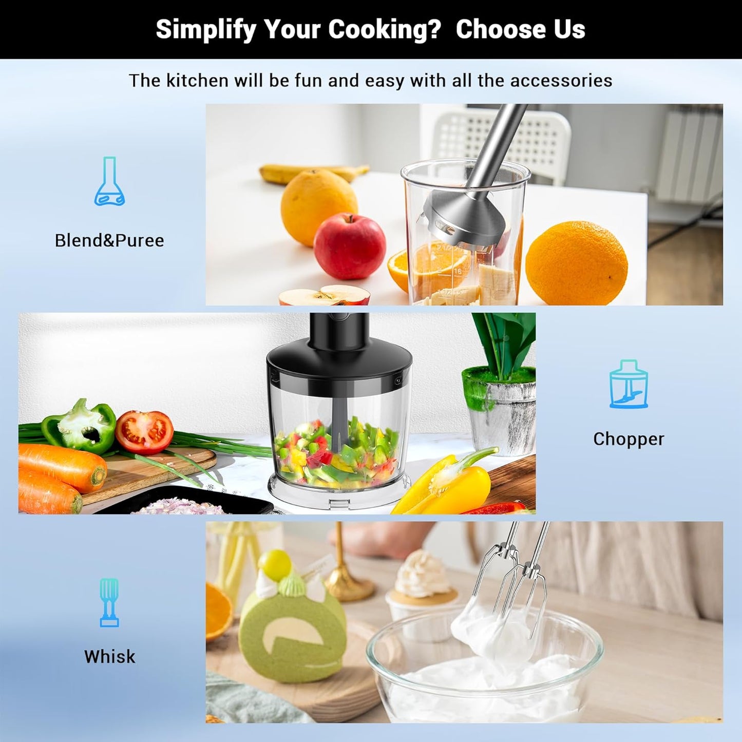 Immersion Blender RPM 16000±10% Hand Blender,15 Speed and Turbo Mode Hand Mixer, 3-in-1 Heavy Duty Copper Motor Stainless Steel Smart Stick with Egg Beaters and Chopper