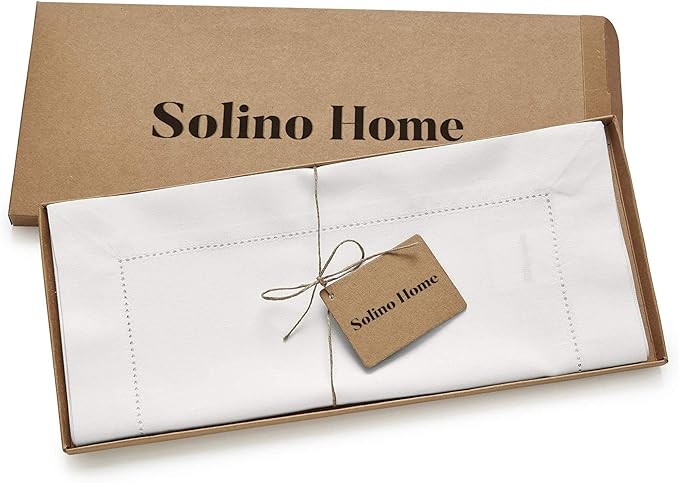 Solino Home White Table Runner 48 Inches - Cotton Linen Hemstitch Coffee Table Runner 14 x 48 Inch Ideal for Dresser Tables - Winter, Christmas, Holiday, New Year