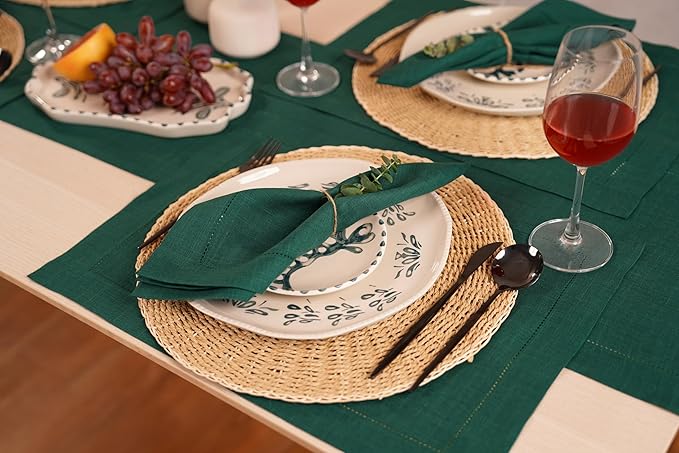 Home Ekaa 100% Pure Linen Green Table Runner 14 x 36 Inch - Small Hemstitch Table Runner - Cloth Fabric Runner for Christmas, Fall, Winter, Holiday & New Year - Elara